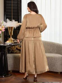 Modelyn Plus Size Women Elegant Lantern Sleeve Top & Rhinestone Embellished Skirt 2 Piece Set, Spring/Autumn - Champagne - View 2