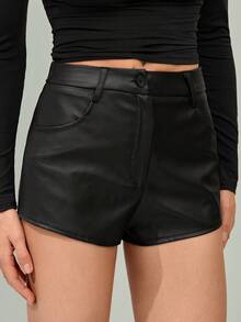SHEIN Tall PU Leather Solid Color Zipper High-Waist Shorts Black Shorts For Women Black Leather Shorts Black Skort For Women - Black - View 6
