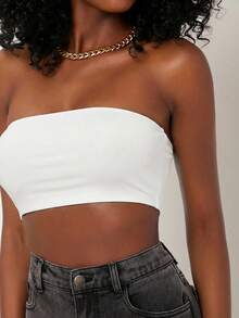 SHEIN BASICS 女款純色修身短版細肩帶背心上衣 白色 日常白天居家穿著 夏季 極簡基礎端莊款 - 白色 - 查看 7