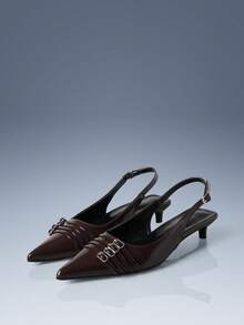 CUCCOO GRLICON Burgundy Patent Leather Pointed Slingback Metal Four-Buckle Strap Kitten Heel Women's Shoes - Brown - View 1