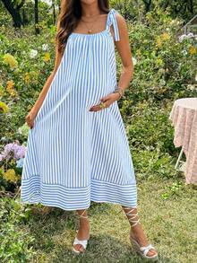 SHEIN 孕妇夏季休闲度假条纹系带露肩连衣裙 - 藍色 - 查看 6