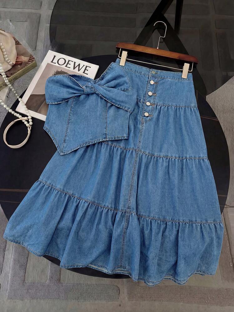 GlowEve Conjunto de top tubo con lazo decorativo y falda de mezclilla de verano para mujer - Azul - Añade 1