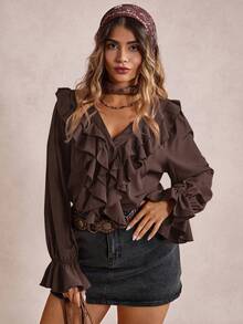 Freevana Plus Size Elegant V-Neck Long Sleeve Shirt With Ruffle Trim - Coffee Brown - View 6