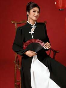 Elenzga 大码女式长袖修身连衣裙，中国风，适合秋冬季节穿着，也适合新年主题活动。 - 彩色 - 查看 4