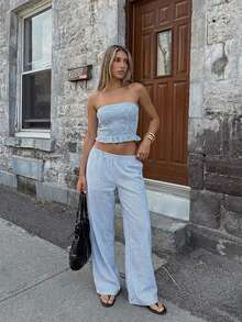 Aloruh 女士度假条纹抹胸上衣和裤子时尚两件套 - 咖啡棕 - 查看 5