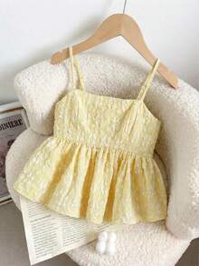 SHEIN Tween Girl Casual Vacation Woven Floral Textured Camisole Top With Ruffle Trim, Light Yellow - Yellow - View 3