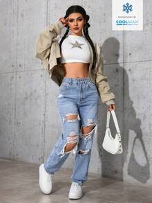 SHEIN ICON Celana Jeans Denim Wanita Kasual Sehari-hari dengan Saku Miring dan Model Sobek - Light Wash - View 6