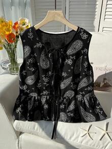 SHEIN EZwear Camisa de chaleco con estampado de anacardo negro de estilo casual de vacaciones, parte superior de paisley con lazo para mujer de talla grande, nuevas llegadas de blusas de verano casuales y elegantes para mujer - Negro - Ver 13