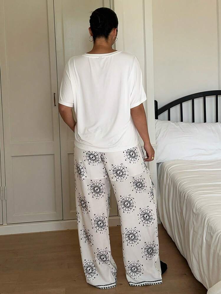 Dazy Plus Plus Size Solid V-Neck Short Sleeve Top And All-Over Print Long Pants Pajama Set