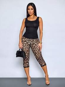 SOLERSUN Leggings capri de malla con decoración de encaje y estampado de leopardo de moda y sexy (floral aleatorio) para mujer - Marrón - Ver 4