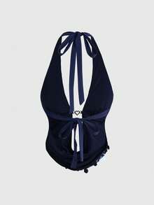 ROMWE Y2K Retro Sexy Draped Neck Beaded Crop Top For Women - Navy Blue - View 2