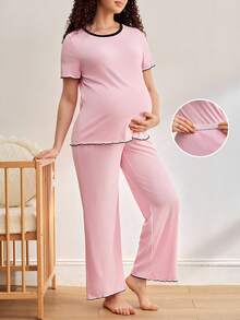 BloomMama 孕妇舒适撞色滚边短袖上衣和裤子睡衣套装，夏季 - 藕粉色 - 查看 1