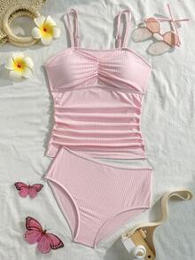 SHEIN Tween GirlsStriped Two Pieces Tankini Swimsuit - Baby Pink - View 1