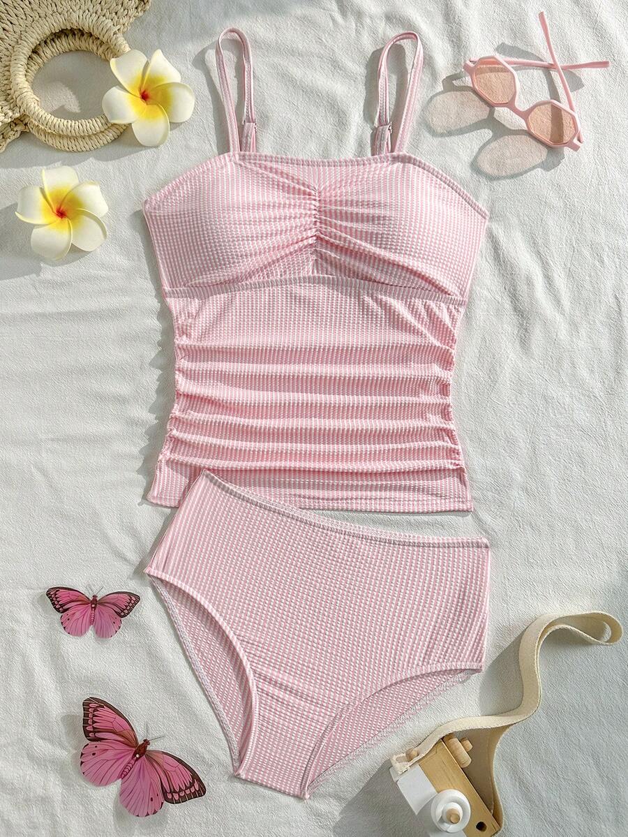 SHEIN Tween GirlsStriped Two Pieces Tankini Swimsuit - Baby Pink - View 1