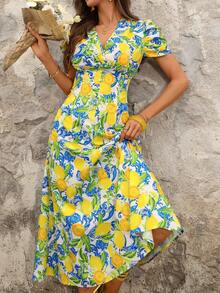 Ellevyn 女士新款优雅修身长裙，交叉领口，珍珠纽扣，泡泡袖，度假连衣裙，夏季新款连衣裙，女士连衣裙，度假夏季连衣裙，柠檬印花中长连衣裙，夏威夷风情连衣裙，泡泡袖连衣裙，送给妈妈的礼物，A字型女士度假连衣裙，女士夏季连衣裙，夏威夷连衣裙，女士短袖连衣裙 - 彩色 - 查看 8