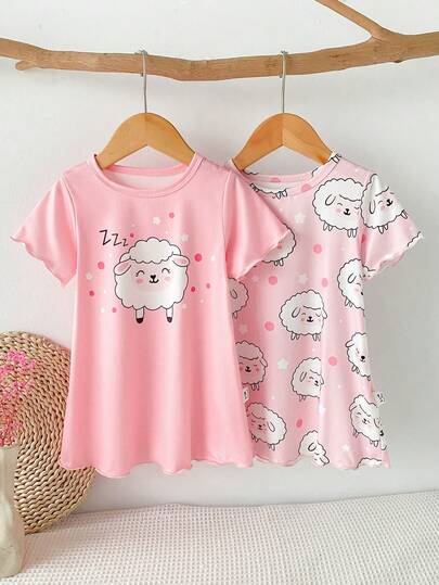 Baby Girls' Cute Sleeping Lamb Animal Print Full Coverage Pink Polka Dot Cuff 2 Pieces Nightgown Set