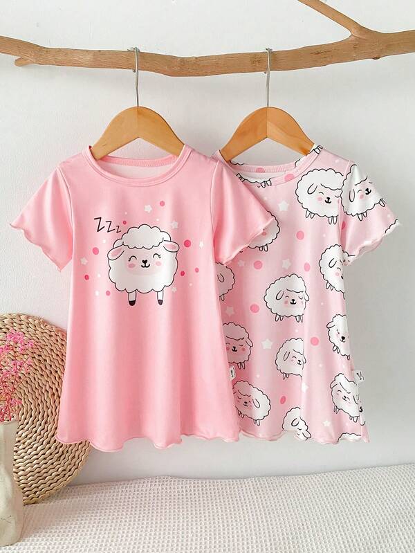 Baby Girls' Cute Sleeping Lamb Animal Print Full Coverage Pink Polka Dot Cuff 2 Pieces Nightgown Set