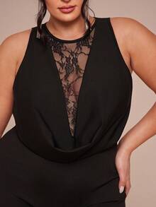 SHEIN BAE 大码女士性感蕾丝拼接露背无袖连体裤，春夏款 - 黑色 - 查看 6