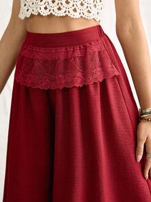 Florisole Women's Elegant Contrast Lace Wide Leg Pants, Solid Color - Red - View 2