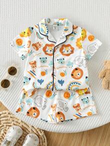 SHEIN 2pcs Baby Boy Casual Cute Cartoon Animal Pattern Knit Soft Collar Short Sleeve Shirt Top And Shorts Pajama Set, Suitable For Spring And Summer - Multicolor - View 2