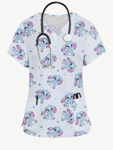 PopScrub Blue Cute Rabbit & Star Cartoon Print V-Neck Short Sleeve Pocket Decor Split Hem Plus Size Scrub Top, Spring/Summer Nurse Uniform - Multicolor - View 5