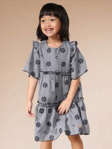 SUMWON Girls Flutter Sleeve Gingham Floral Dress With Ruffle Tiers And Elastic Waist For Spring Summer Casual Wear Vacation - Navy Blue - View 1