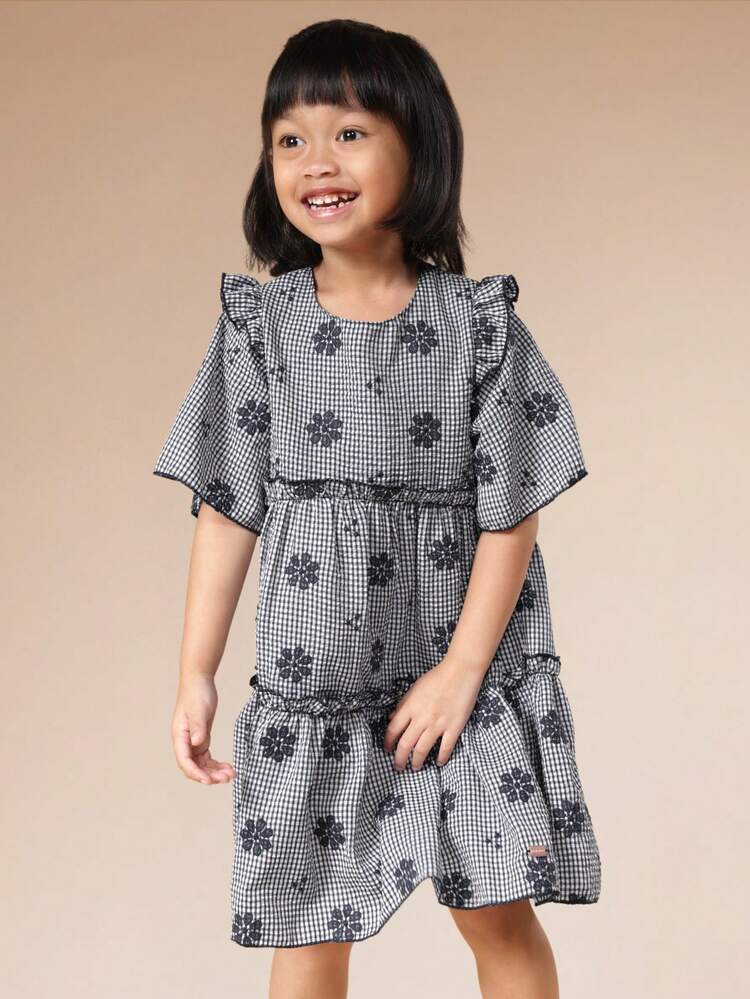 Flutter Sleeve Gingham Floral Tiered Dress