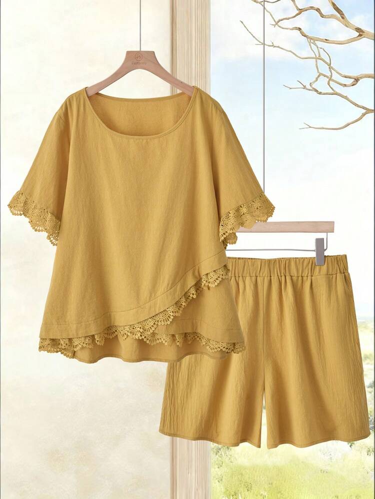 Plus Size Women Casual Loose Top + Wide Leg Shorts Patchwork Embroidery Lace Trim Suit, Vacation Leisure Set\Summer Women's Summer Set  Summer Outfits Summer Clothes  Spring  Spring Outfit Women Spring Clothes Country Style For Women Vacation Outfits Women  Yellow Set
