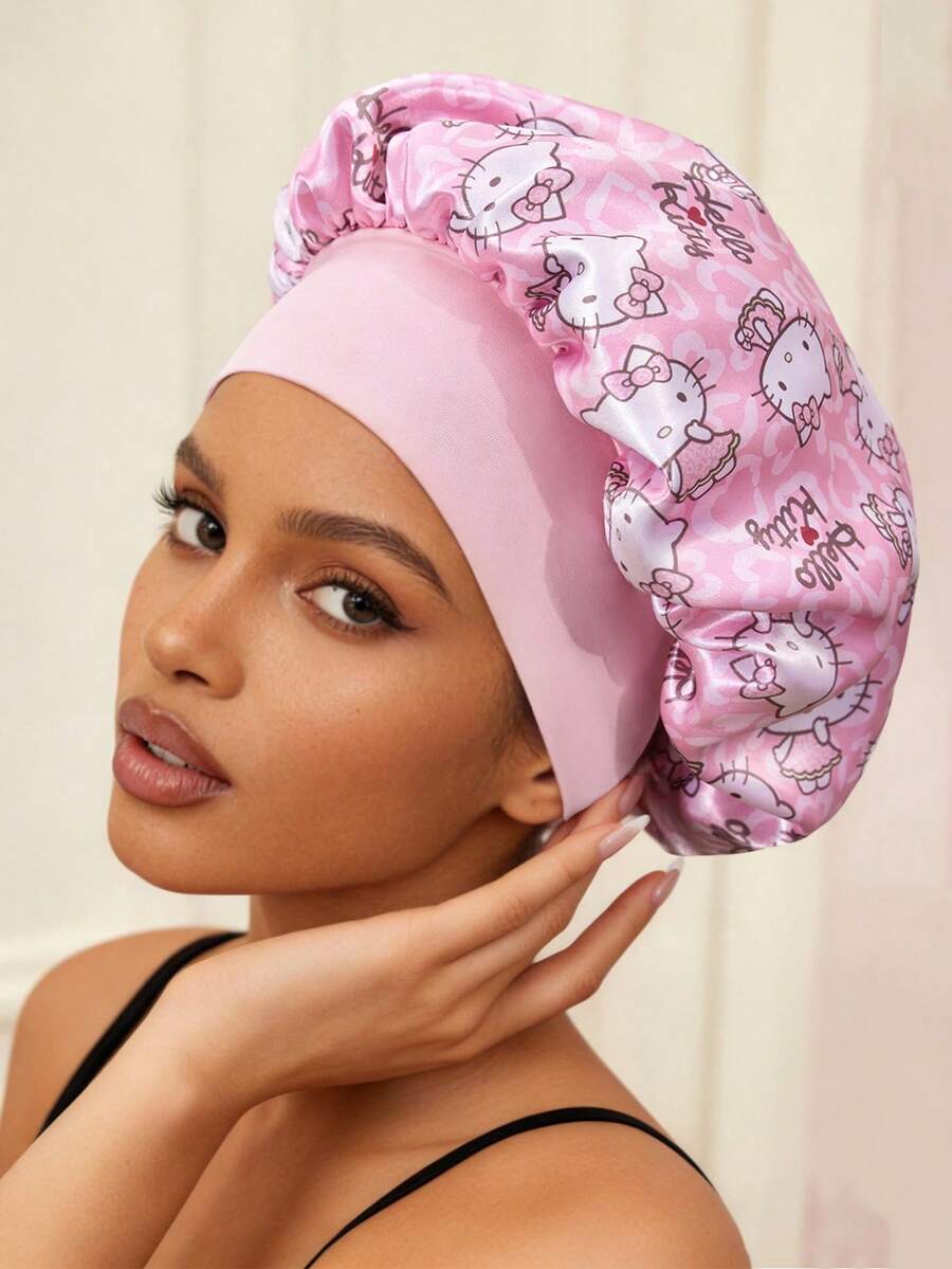 HELLO KITTY AND FRIENDS | SHEIN Aufgerüstete doppelschichtige Damen-Haarpflegekappe in Pink, breite elastische Satin-Schlafkappe mit Cartoon-Katzen-Muster, weich & bequem für den täglichen Gebrauch Zuhause, Schlafen - Pink - Übersicht 1