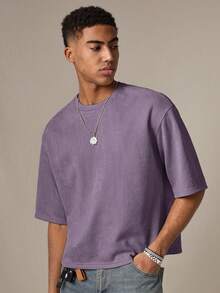 SWAVVY Men's Knitted Casual Loose Fit Numeric Embroidery Short Sleeve T-Shirt - Purple - View 2
