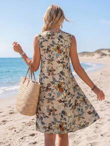 Sylviya 女士复古印花无袖A字连衣裙，U领设计，金属环装饰，喇叭下摆，适合夏季度假、夏季穿着，休闲百搭。 - 咖啡 - 查看 2