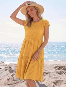 Sylviya 女式春夏纯色荷叶边下摆圆领短袖连衣裙 - 黃色 - 查看 5