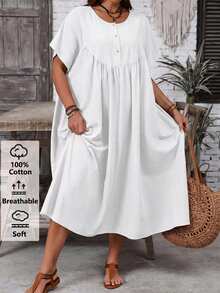 EMERY ROSE Plus Size Women's Solid Color Round Neck Short Sleeve Button Half Placket Casual Loose Dress - White - View 1