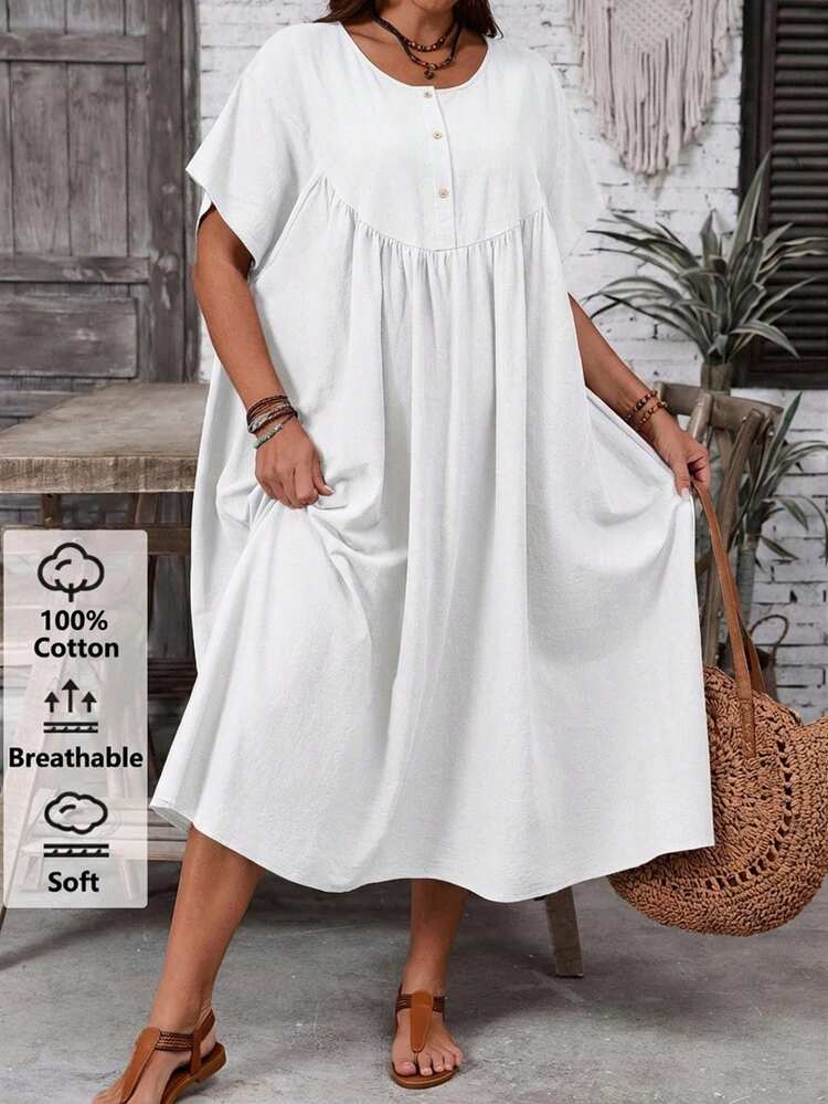 Plus Size Women's Solid Color Round Neck Short Sleeve Button Half Placket Casual Loose Dress