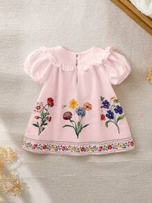 Newborn Baby Girl Cute Floral Pattern Ruffle Trim Loose Casual Dress Wildflower Dress Baby Puff Sleeve Baby Dress Baby Girl Floral Embroidery Dress Pink Baby Dress Baby Daisy Dress,Kids - Pink - View 2