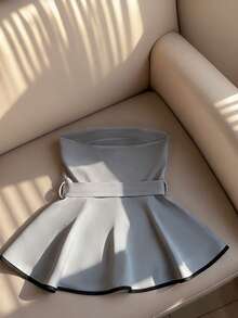 Franclia 无肩带露脐上衣，收腰设计，秋冬季迷人女士无肩带上衣 - 淺灰色 - 查看 2