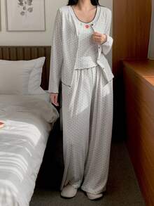 DAZY 3pcs/Set Strawberry Polka Dot Print Women Pajama Set - Grey - View 5
