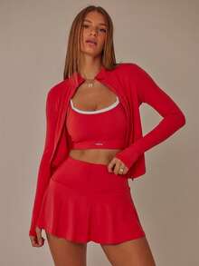 Aralina Leisurewear Zip Front Long Sleeve Top And High Waist Biker Shorts Two Pieces Set - Red - View 5