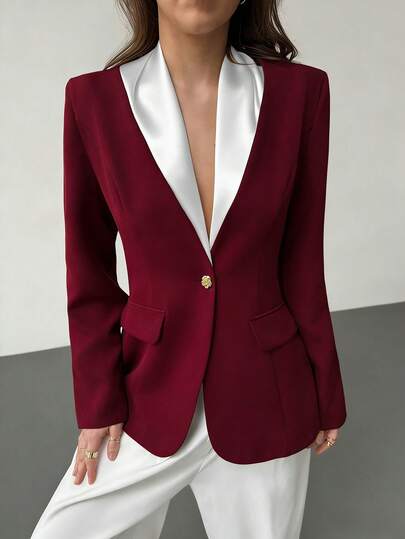 Rafferiza Women's Contrast Color Long Sleeve Floral Single-Button Elegant Thin Blazer Red Blazer Women Women's Blazers Suit Jacket For Women Women's Suits Blazer For Women Casual Women's Blazer Office Wear Women Outfits Blazers For Women High Quality