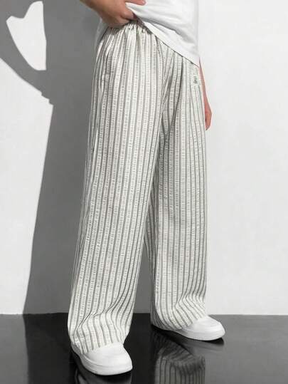 Mirajuku 1pc Boys (Plus Size) Comfortable Casual Striped Loose Straight Leg Pants, Suitable For Spring & Summer