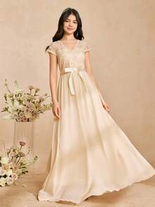 Elegant Lace & Chiffon V-Neck Cap Sleeve Waist Fit Flare Dress, Suitable For Bridesmaids, Prom, Birthday Party, Banquet, All Seasons - Apricot - View 3