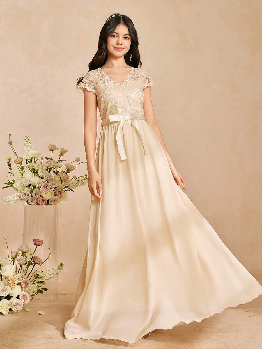 优雅蕾丝雪纺V领短袖修身A字连衣裙，适合伴娘、舞会、生日派对、宴会等各种场合，四季皆宜。 - 杏色 - 查看 1