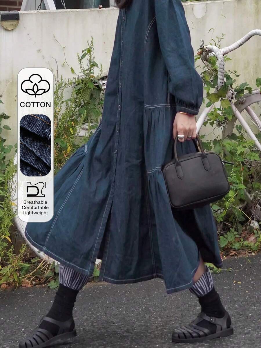 FRIFUL Women's Casual Denim Dress With Round Neck, Drop Shoulder, Long Sleeve, Single-Breasted, And Ruffle Hem - Blue - View 1