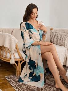 SHEIN Bata de mujer con estampado de hojas, cuello en V y cintura ceñida, de manga corta - Multicolor - Ver 7