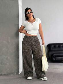 SHEIN ICON Y2K街头风休闲加大码豹纹宽松牛仔裤 - 彩色 - 查看 4