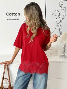 Easowa 女士黑色短袖圆领蕾丝下摆宽松T恤 - 紅色 - 查看 3