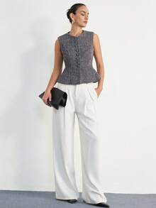 Aveloria Modichic 时尚设计感休闲圆领黑白人字纹混纺收腰纽扣优雅通勤百搭复古简约设计女式无袖背心外套 - 彩色 - 查看 6