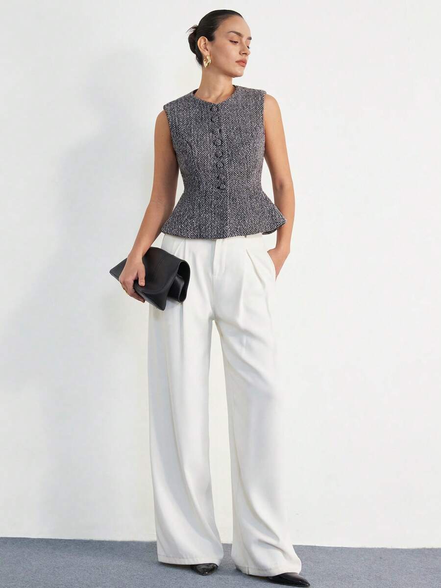 Aveloria Modichic Áo khoác không tay nữ kiểu dáng thời trang, cổ tròn, phối họa tiết xương cá đen trắng, thắt eo, cài nút, thanh lịch, đa năng, phong cách cổ điển tối giản, phù hợp cho công sở. - Nhiều màu - Xem 1