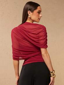 Silquee 女士不对称荷叶边领无袖上衣，春夏款 - 酒紅色 - 查看 2