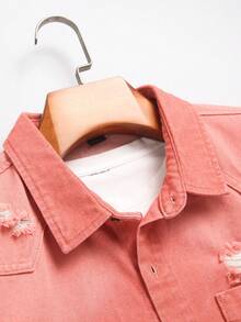 Manfinity Homme Men's Casual Distressed Pink Denim Shirt, Street Fashion - Pink - View 5